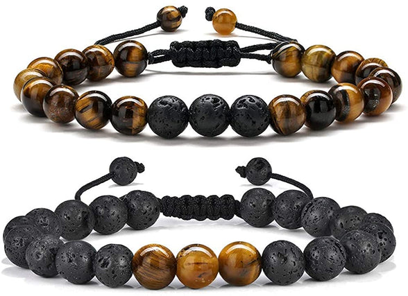 KASTWAVE Men's Bracelets-Bracelet, Beaded Bracelet, 8mm Tiger Eye Lava Stone, Stress Relief Adjustable Tiger Eye Bracelet Aroma Essential Oil Diffuser Lava Bracelet Men’s Gift