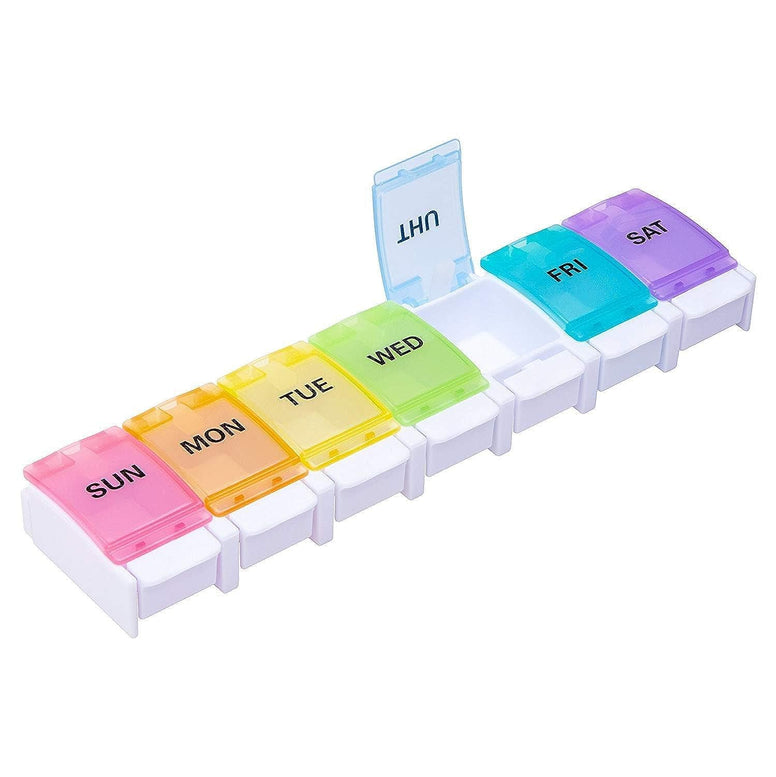 7 Day Pill Organizer, Large PUSh Button Weekly Box For Pills/Vitamin/Fish Oil/Supplements - Rainbow