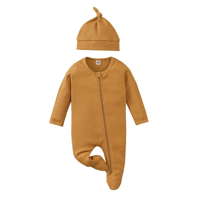 Unisex Newborn Infant Baby Boy Girl Footie Romper Solid Waffle Knit Side Zipper Jumpsuit Coverall Clothes Set 2-Packs (3-6 Months)