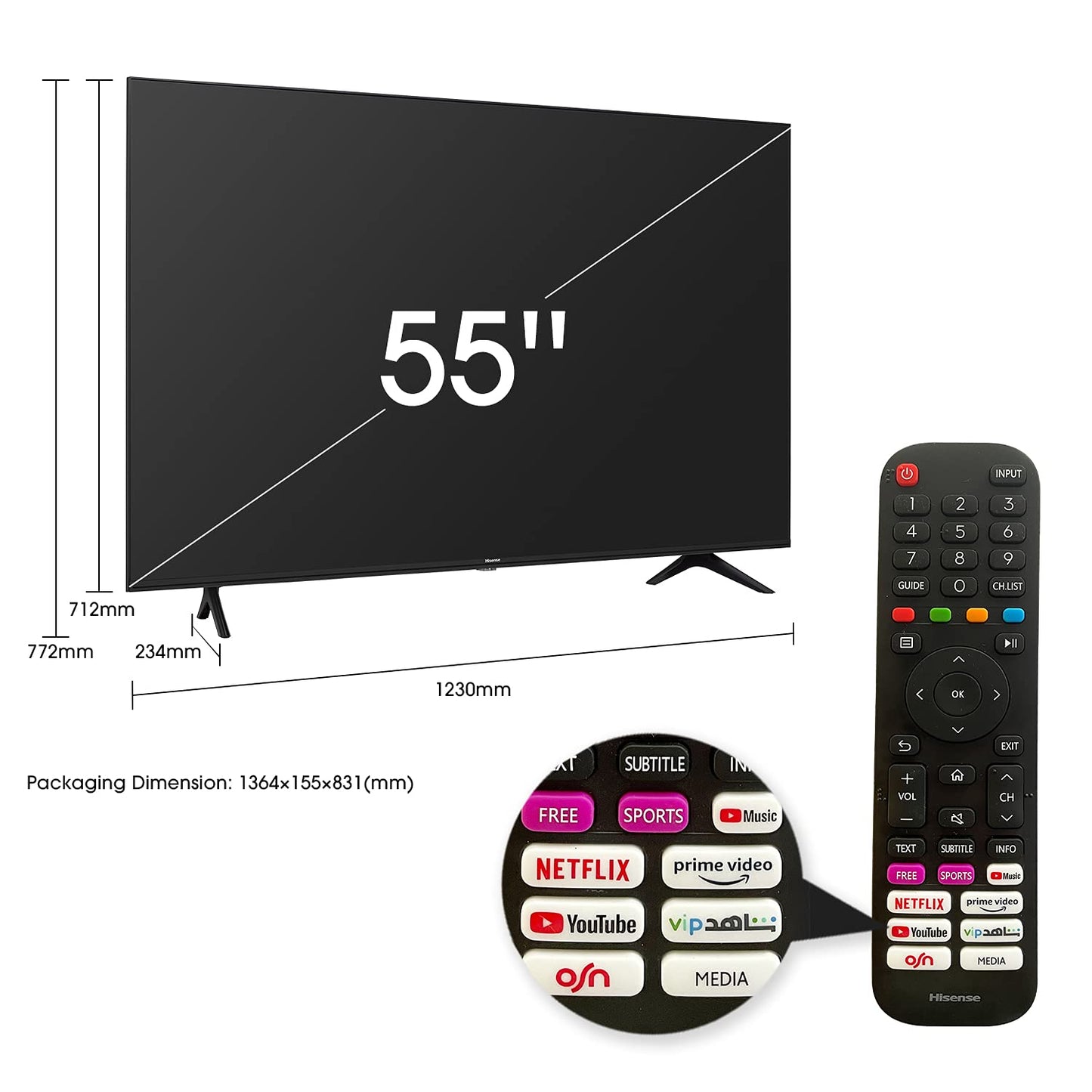 Hisense 55 Inch TV UHD Smart HDR 10/HLG Wifi (2.4GHZ) Bluetooth 5.0 DLNA HDCP Version H.265 decoder - 55A6H (2022-2023 Model)