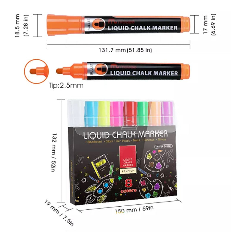 CLOUDFOUR Liquid Chalk Markers, Water based 8 Colorful Chalk Pens for Whiteboard, Blackboard, Paper, Glass and Ceramics. Dust-free Erasable Marker Pens for School, Office and Home.