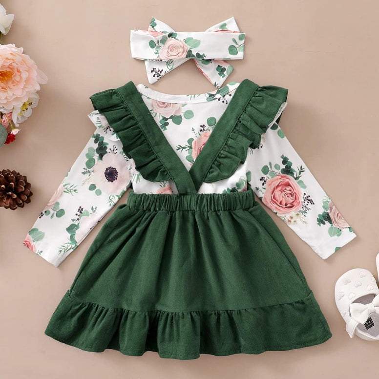 PATPAT Newborn Infant Baby Girl Clothes Outfit Long Sleeve Romper Top Overall Dress Suspender Skirt Set, for 0-3 Months