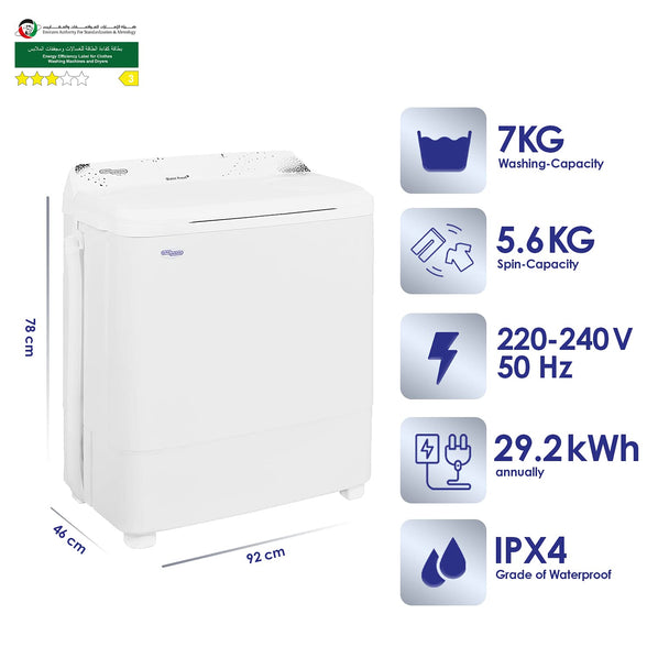 Super General 7 kg Twin-tub Semi-Automatic Washing Machine, White, efficient Top-Load Washer with Low noise gear box, Spin-Dry, SGW-77-N, 77 x 42 x 90 cm, 1 Year Warranty