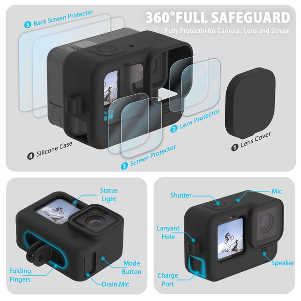  FitStill Black Silicone Sleeve Case for Go Pro Hero 12/Hero 11/ Hero 10/Hero 9 Black,Battery Side Cover&Screen Protectors& Lens  Caps&Lanyard for Go Pro Hero 12/11/10/9 Black Accessories Kit : Electronics