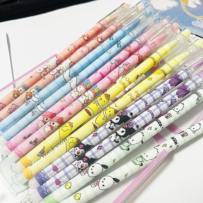 12 PCS Cartoon Sanrio Ballpoint Pens, Anime Gel Ink Pen Black 0.5mm Melody Gifts, Cute Kawaii Office School Supplies Set For Kid Teen Girls Students