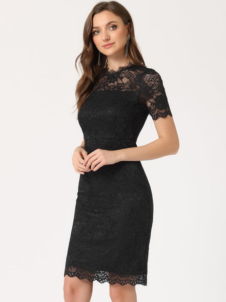 Allegra K Women's Elegant Floral Lace Dress Crew Neck Short Sleeve Cocktail Party Dresses