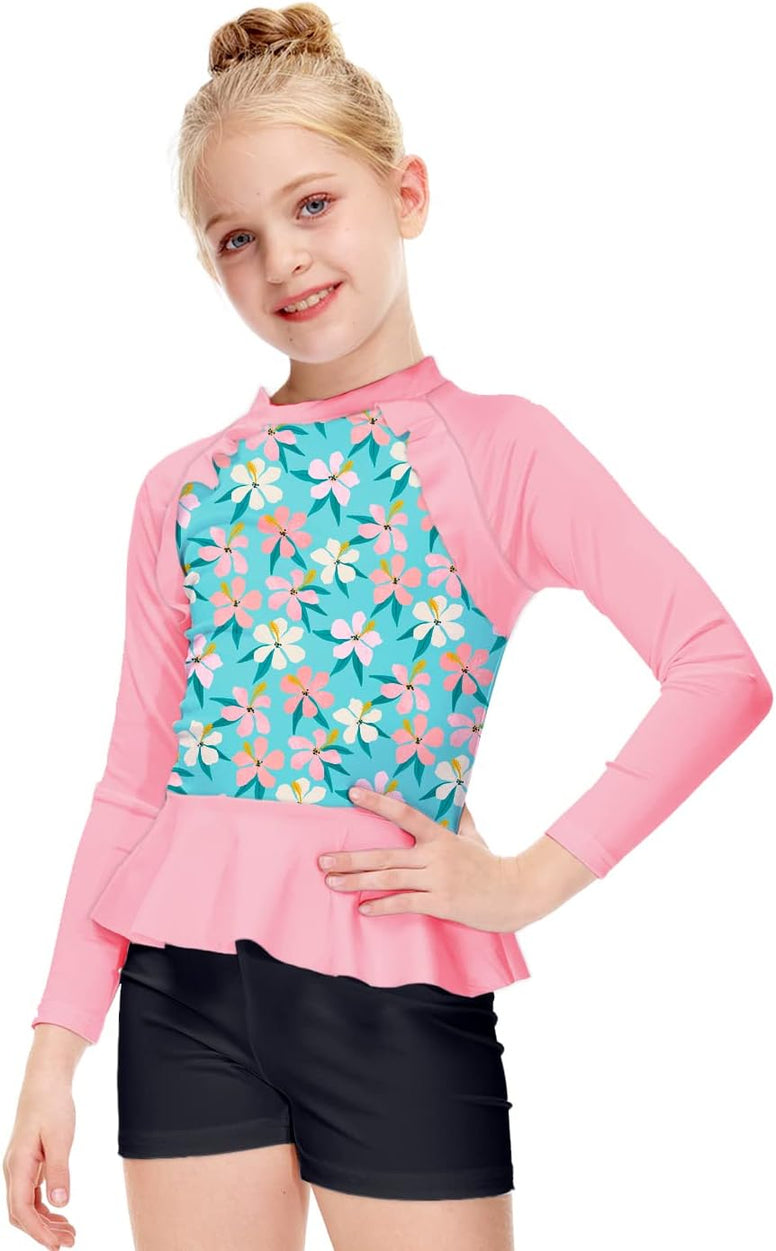 AOBUTE Girls Rash Guard Shirt Raglan Long Sleeve Ruffle Hem Swim Tops 3-12 Years