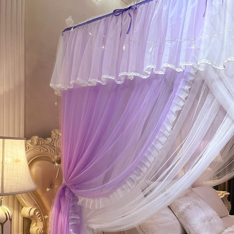 Mengersi Canopy Bed Curtains with Lights,4 Corner Bed Canopy Royal Luxurious Bed Drapes Netting,Princess Bed Curtains for Girls Adults Bedroom Decoration (Purple, Queen)