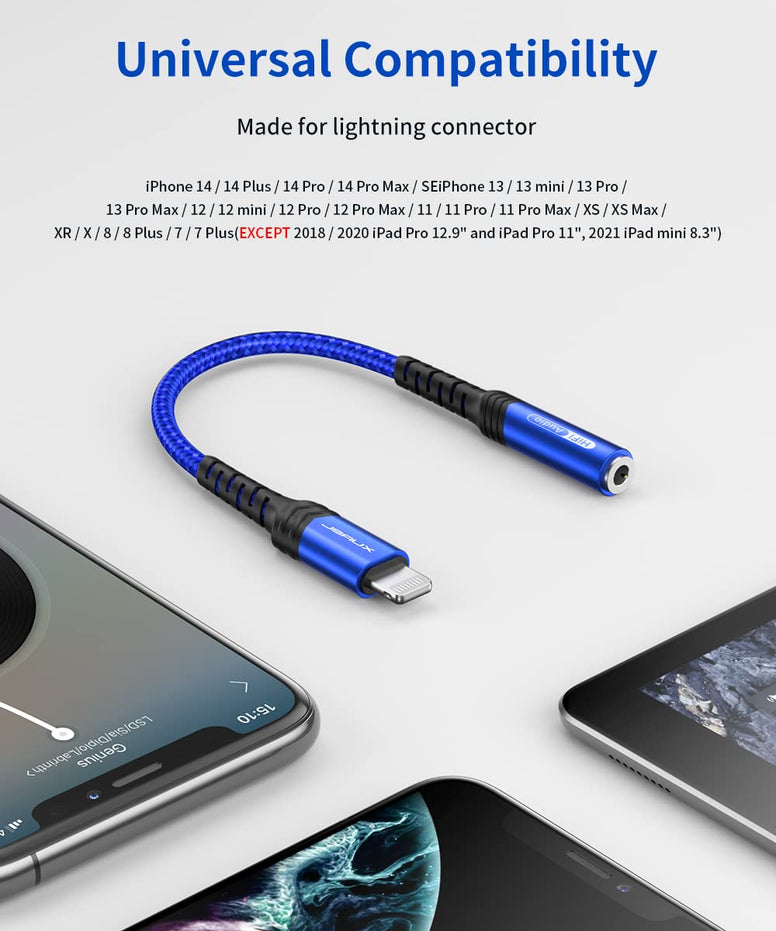 JSAUX iPhone Headphone Adapter, Lightning to 3.5mm Adapter [Apple MFi Certified] iPhone Aux Adapter Compatible with iPhone 14/14 Pro Max/13/13 Pro Max/12/12 Pro Max/11/11 Pro Max/SE/X/XR/XS/8-Blue