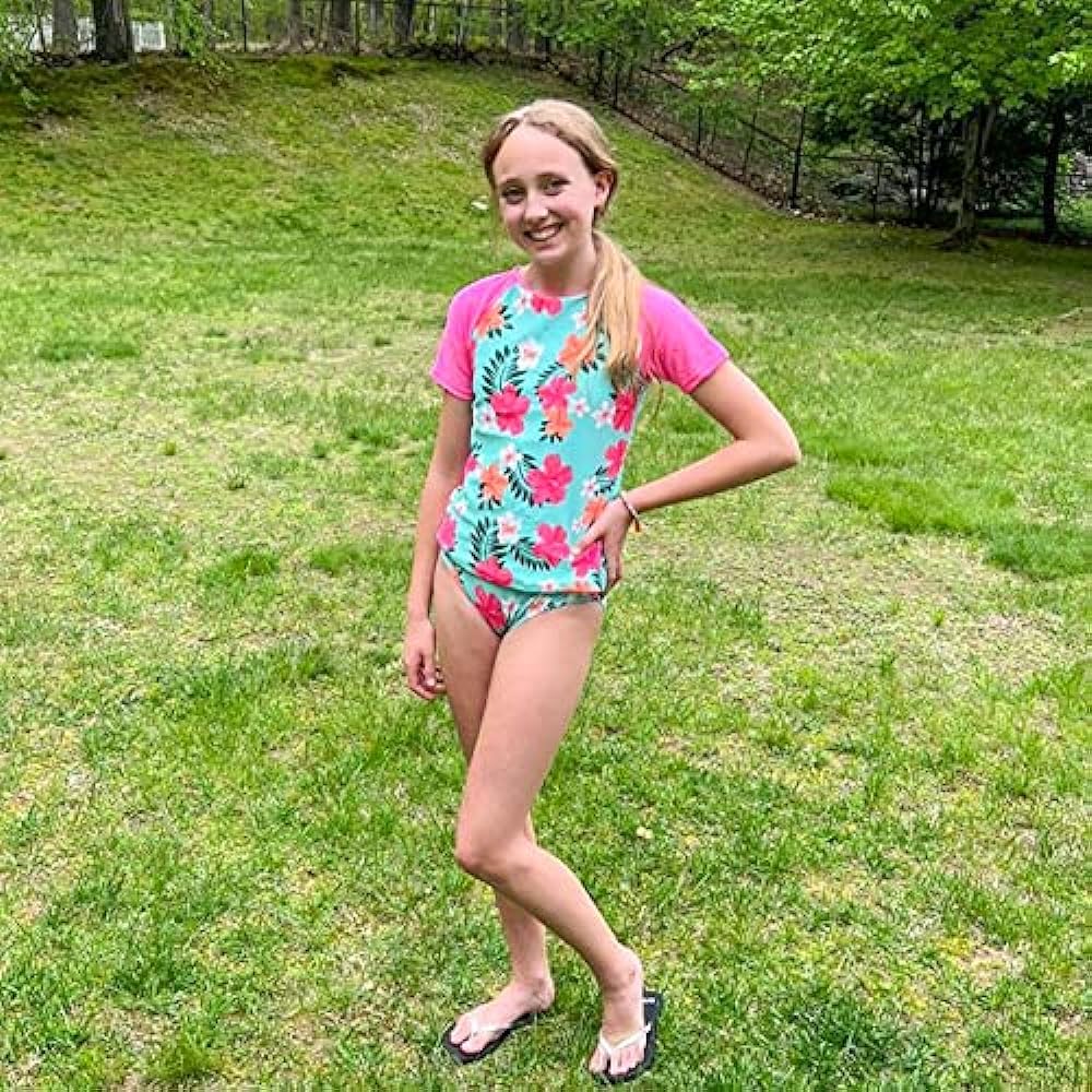 Vogseek Rash Guard Swimwear Girls 3-Piece Short Sleeve Swimsuit Kids Bathing Suit UPF 50+ Quick Dry Bikini Girls 7T-13T