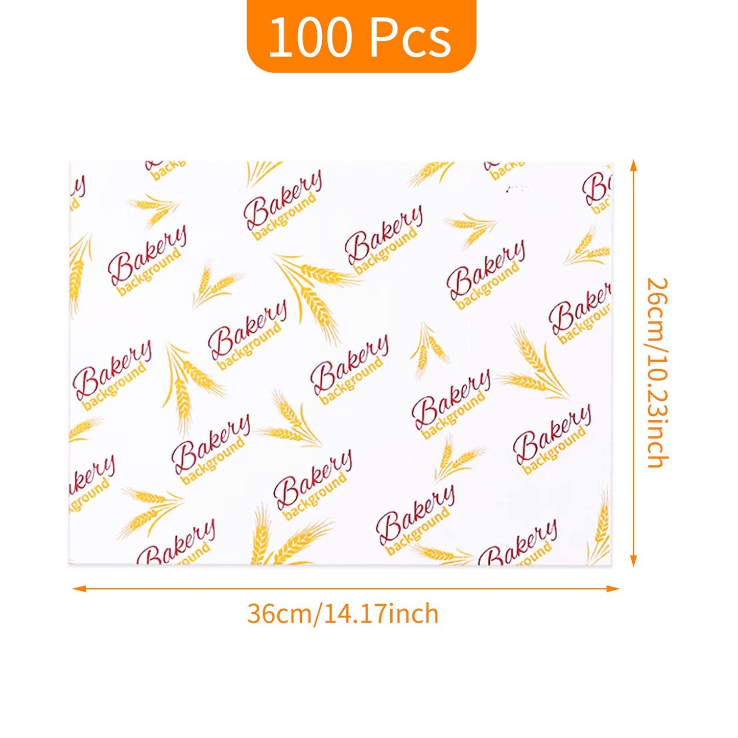 100 Sheets Greaseproof Paper, Baking Wrapping Paper Food Wax Paper Pattern of Wheat Ears, Food Basket Liners Paper Deli Paper for Breads French Fries Sandwiches Pizza Burgers Hot Dogs