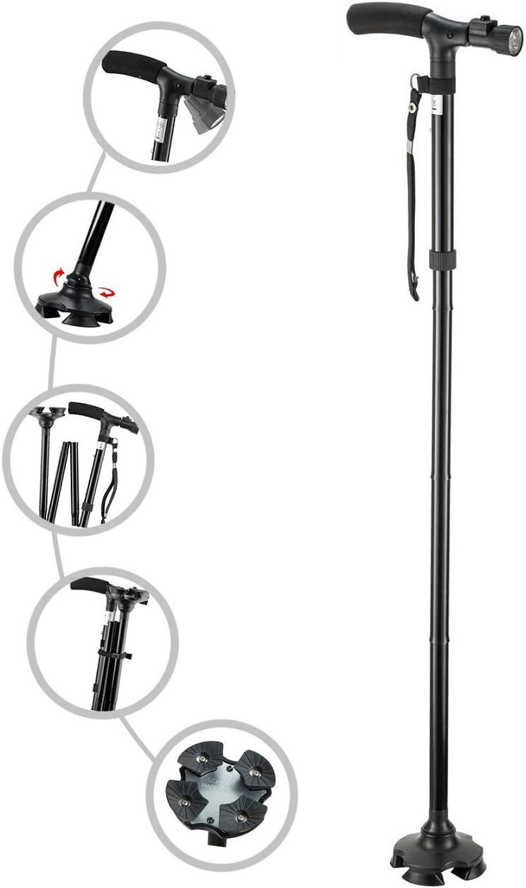 Folding Cane with Led Light, Adjustable Canes and Walking Sticks for Men and Women, Walking Cane Stick for Elderly with Cushion Handle and Pivoting Quad Base for Hiking Mountain Climbing Backpacker