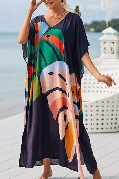 YouKD Maxi Dress V-Neck Kaftan Boho Robes Beach Cover-ups Dress Roomy Gowns for Women