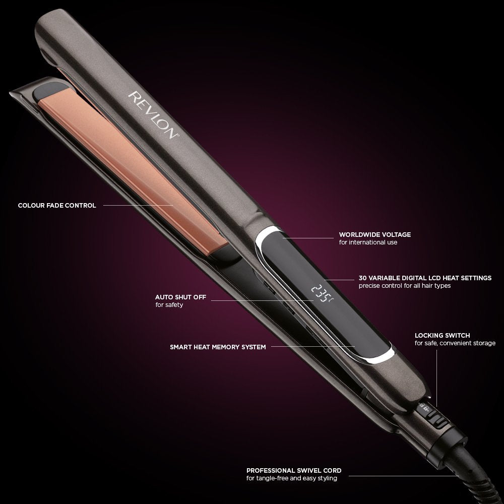 Revlon RVST2155 Hair Straightener Perfect Heat Copper 25 MM Straightener,Ceramic flat iron, 30 LCD settings