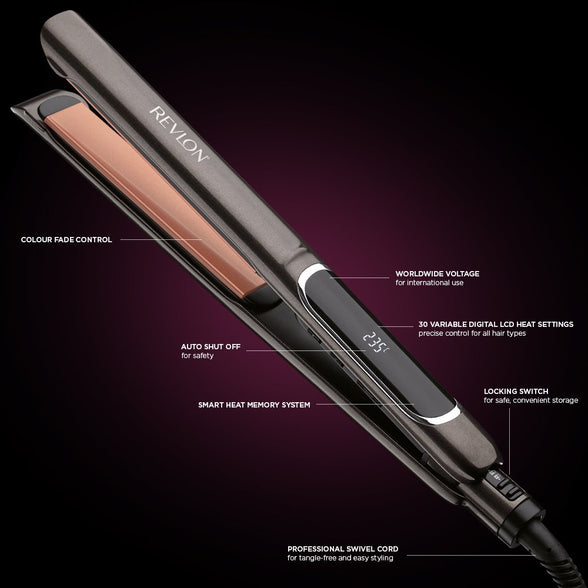 Revlon RVST2155 Hair Straightener Perfect Heat Copper 25 MM Straightener,Ceramic flat iron, 30 LCD settings