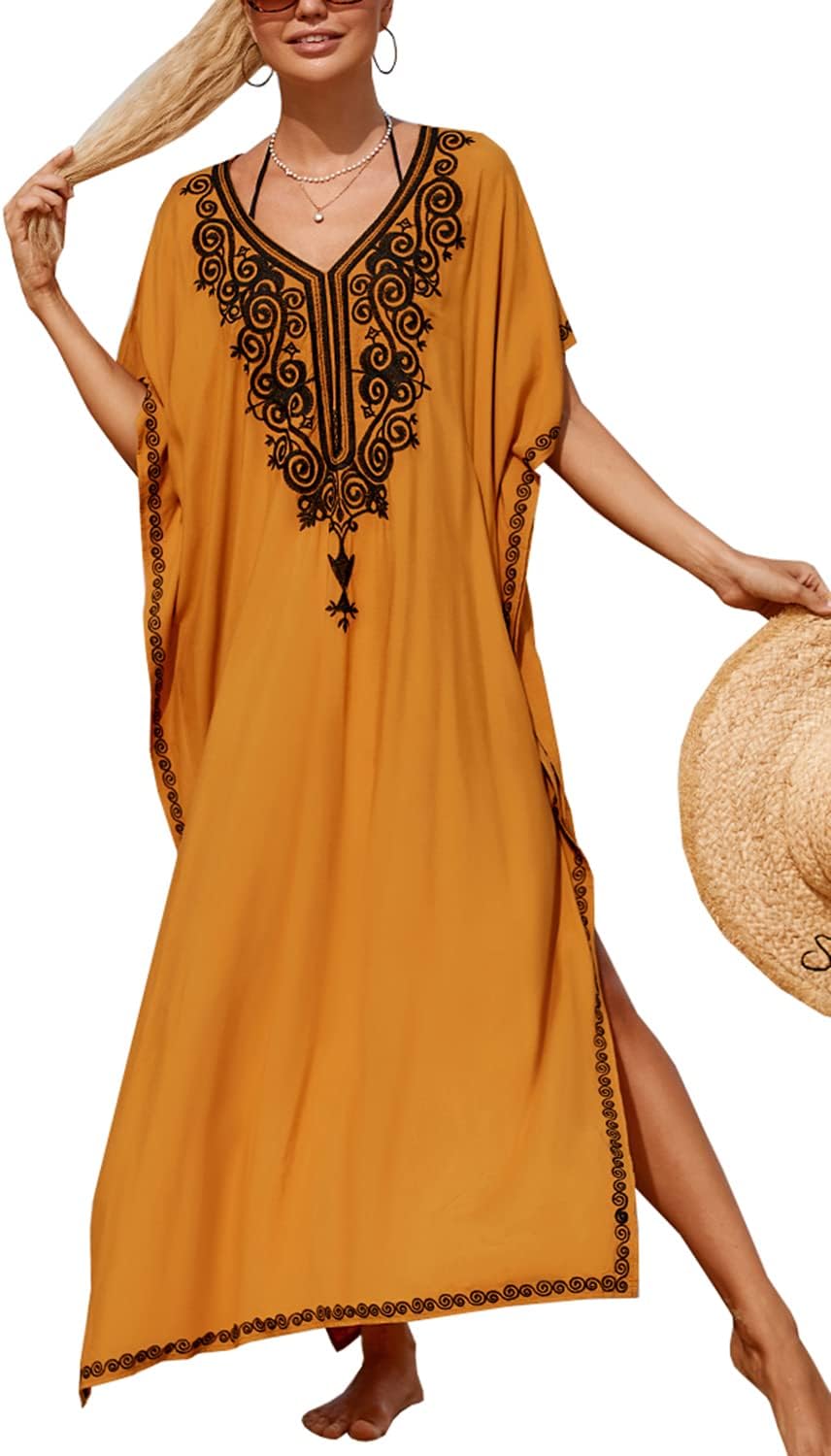 YouKD Embroidered Kaftan Dress Boho Beach Bikini Cover Up Robe Plus Size Loungewear for Women