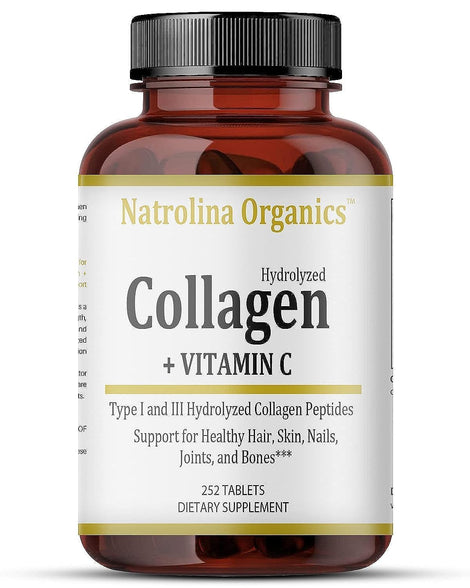 Natrolina Organics Hydrolyzed Bovine Collagen 6000mg 252 Tablets With Vitamin C | Supports Healthy Hair, Skin, Nail & Joints | Dairy & Gluten Free | Hydrolyzed Collagen Supplements for Men & Women