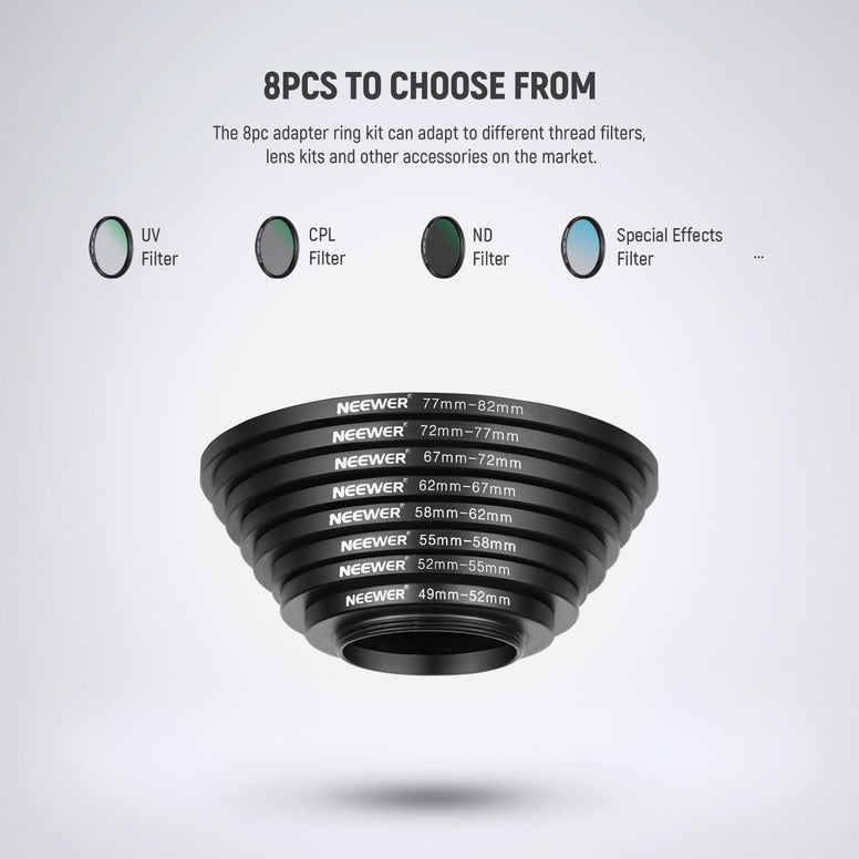 Neewer 8 Pieces Step-up Adapter Ring Set Made of Premium Anodized Aluminum, includes: 49-52mm, 52-55mm, 55-58mm, 58-62mm, 62-67mm, 67-72mm, 72-77mm, 77-82mm-Black