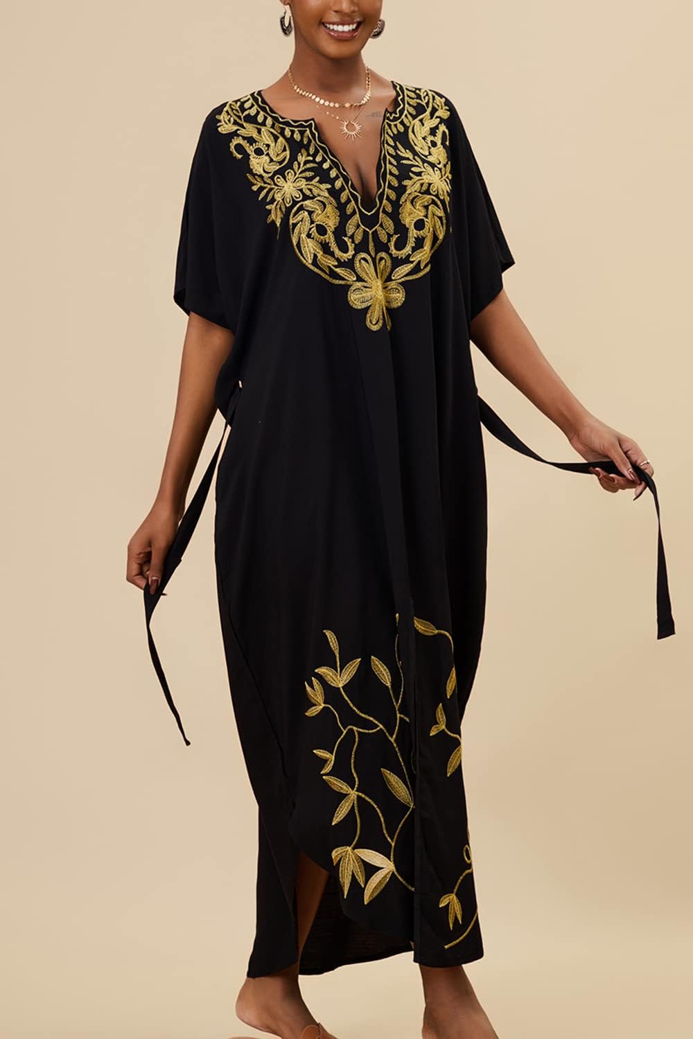 YouKD Embroidered Kaftan Dress Boho Beach Bikini Cover Up Robe Plus Size Loungewear for Women