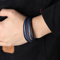 Goodern Mens Leather Bracelet Cowhide Braided Leather Mens Bracelet Leather Bangles Magnetic-Clasp Braided Multi-Layer Wrap Mens Bracelet Blue Braided Leather Wristband Bracelet Great Gift for Men