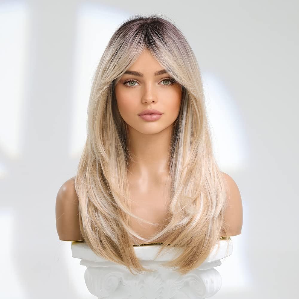 YHRY Blonde Wigs for Women, Long Blonde Wig with Bangs, Heat Resistant Natural Looking Wigs, Middle Part Blonde Wigs with Dark Roots, Layered Synthetic Hair Wig for Daily Party Use Cosplay(55 cm)