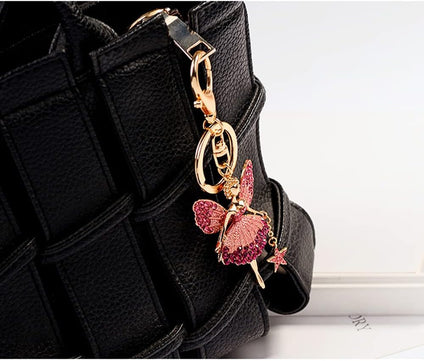 Goodern Butterfly Wing Fairy Keychain,Rhinestone Dancing Ballet Sparkling Crystal Keyring Pendant Sparkling Car Key Chain Charm Decor Ballet Dancer Pendant Gift for Women Girls Wallet Handbags-Pink