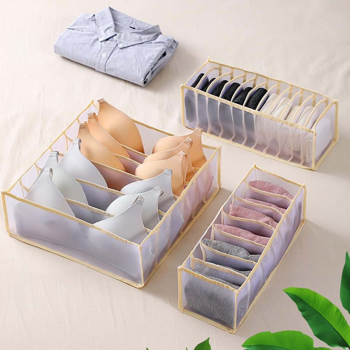 ECVV 3 Pcs Wardrobe Clothes Organizer, Mesh Clothes Storage Organizer for Jeans Pants Bra Underwear Socks, Foldable Drawer Organizers for Clothing