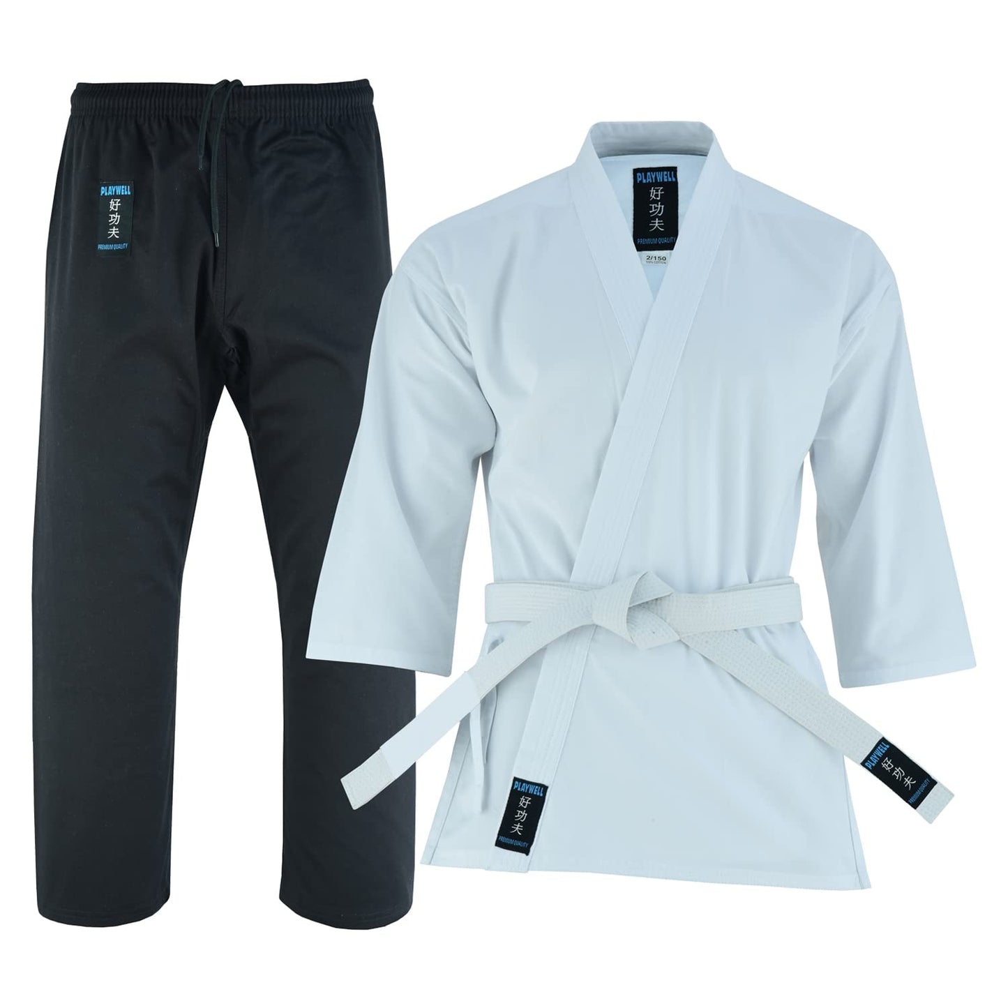 Playwell Medium Weight Karate Mixed White Jacket/Black Trouser Uniform Suit Gi - 9oz