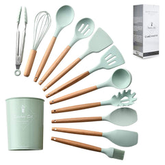 "ComCreate" Silicone Cooking Kitchen 11PCS Wooden Utensils Tool for Nonstick Cookware,Cooking Utensils Set with Bamboo Wood Handles for Nonstick Cookware，Non Toxic Turner Tongs Spatula Spoon Set