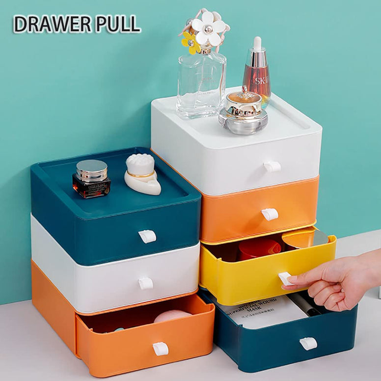 MUMOO BEAR 3pcs Desktop Drawer Organizer Drawer Storage Box Stackable Desktop Storage Box with Drawers for Office Home Bathroom Countertop Organization (White)