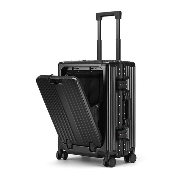 O9 O-NINE 20" Travel Luggage Carry On Luggage with Spinner Wheels,Aluminum Framed Carry On Suitcase with Front Open Laptop Compartment/Pocket 55x25x38 CM Large Checked-in Luggage(Black)