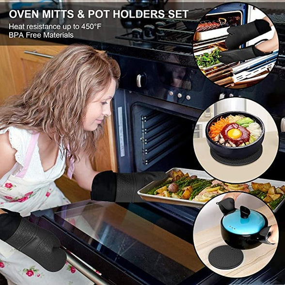 Long Oven Mitts And Pot Holders Sets, Heat Resistant Silicone Oven