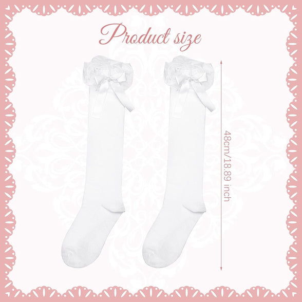 White Socks Girls, 4 Pairs Knee Bow High Bow Girls Socks School Girls Cotton Socks White Frilly over Knee Stockings Lace Ruffle Trim Socks School Uniform Party Casual Wear, One size