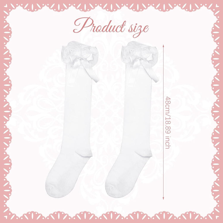 White Socks Girls, 4 Pairs Knee Bow High Bow Girls Socks School Girls Cotton Socks White Frilly over Knee Stockings Lace Ruffle Trim Socks School Uniform Party Casual Wear, One size