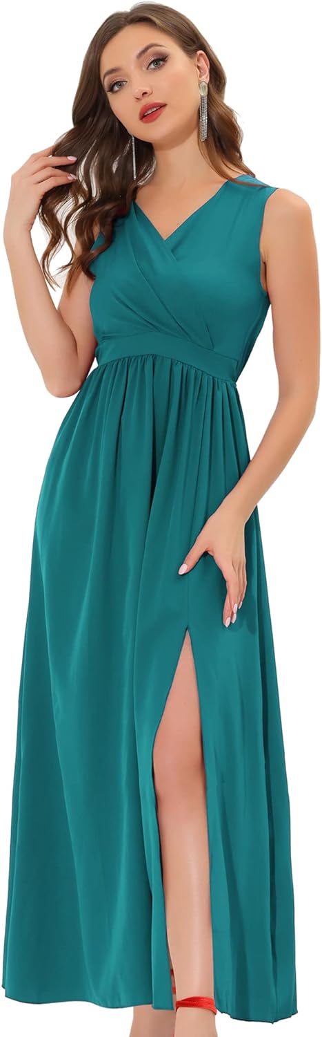 Allegra K Women's Cross Deep V Neck Pleated Front Slit Hem Sleeveless Cocktail Party Maxi Dress