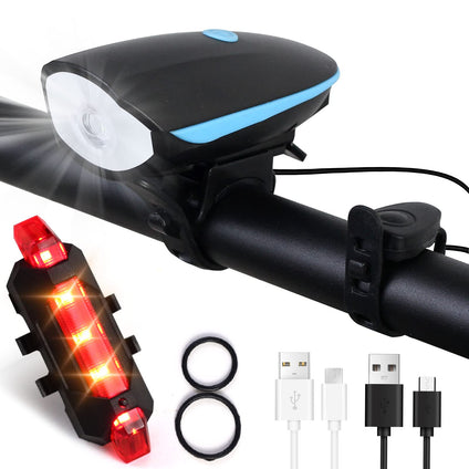 SKY-TOUCH Bike Light Set USB Rechargeable Bycicle LED Accessories Night Cycling Headlight Tail Rear Reflectors for Mountain Bike 4 Lighting Modes, Easy to Install (Blue)