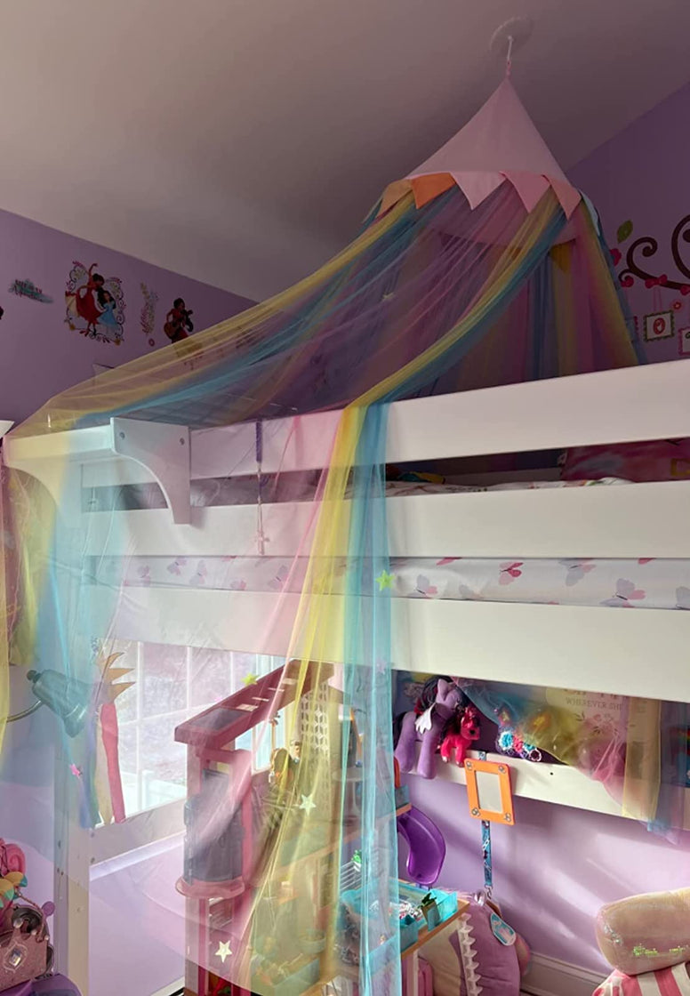 MOOZHEALTH Bed Canopy for Girls Kids Princess Round Dome Dreamy Hanging Net Canopy Rainbow Bright Bed Canopy for Girls Kids Bedroom Decoration Children Reading Nook Play Tent Canopy