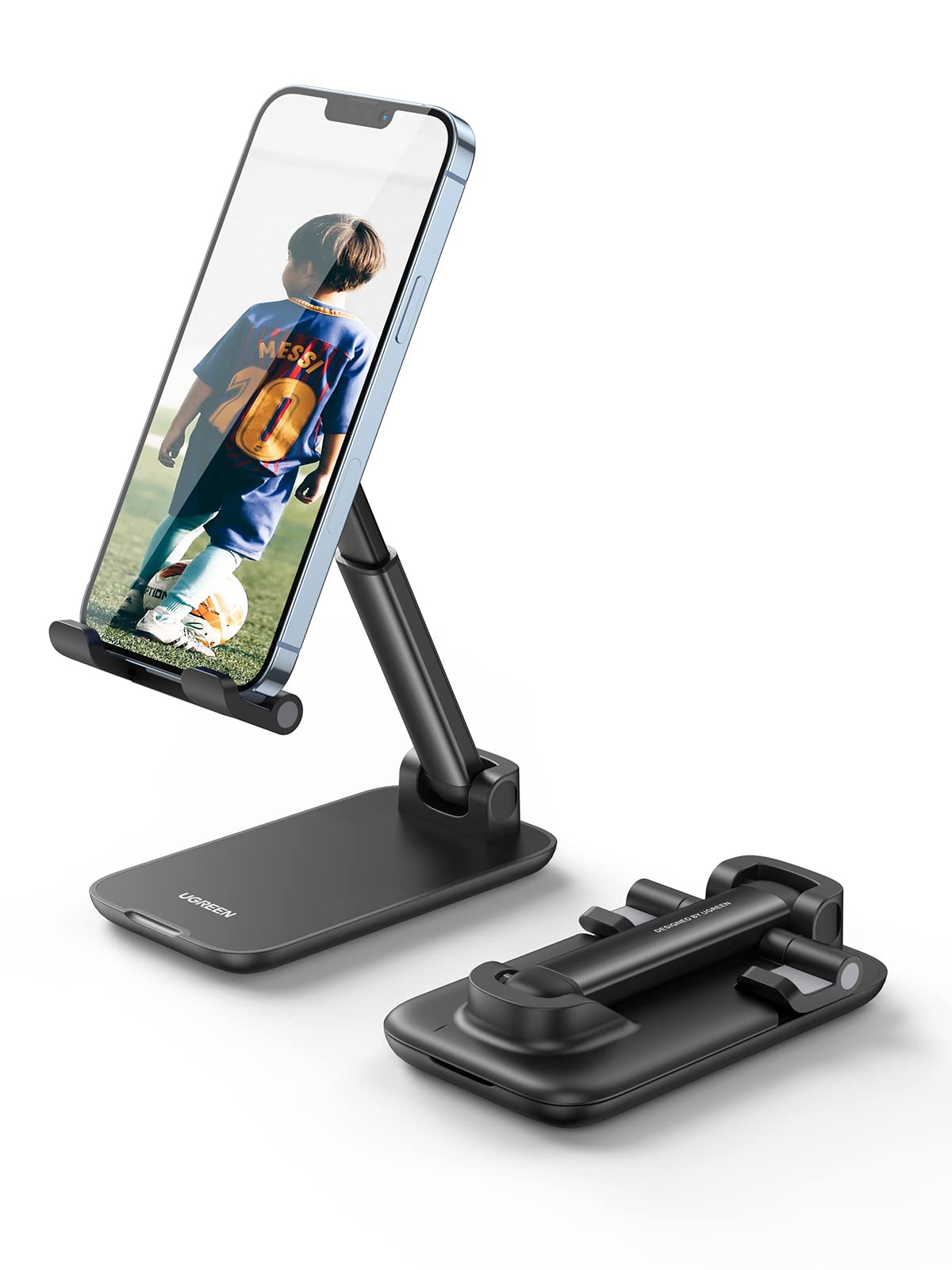 UGREEN Phone Stand, Height Adjustable Phone Holder, Aluminum Foldable iPhone Stand for Desk, Stable Mobile Stand Holder Compatible with Most Phones, iPhone 15 Pro/Pro Max, Samsung Galaxy, iPad Black
