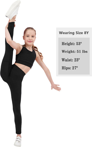 EXARUS Youth Girl's Athletic Leggings No Front Seam with Pockets Compression Pants Dance Running Active Yoga Tights