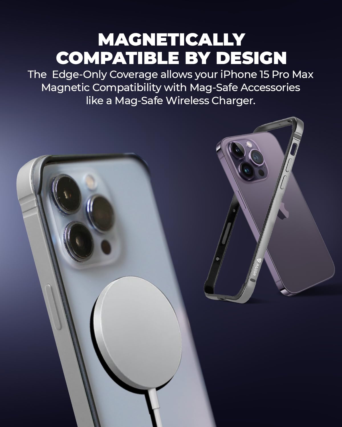 RAEGR iPhone 15 Pro Max Case | Anodized Aluminum Bumper | Supports Mag-Safe Wireless Charging | Edge Armor Protective Minimal Case Designed for iPhone 15 Pro Max (6.7-Inch) (2023) - Silver RG10537