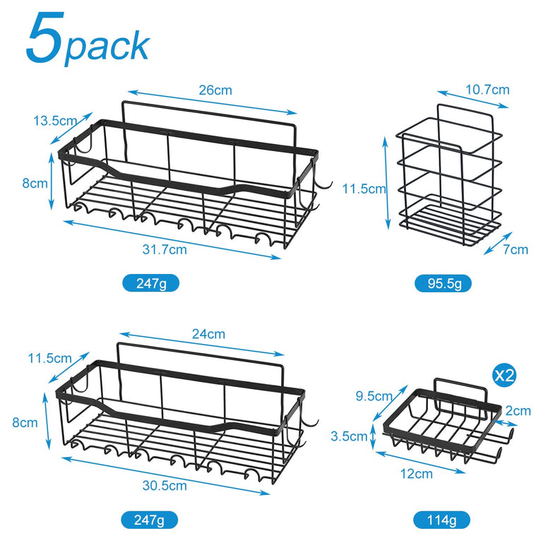 Forthcan Shower Caddy 5-Pack Shower Shelves Self Adhesive Shower Organizer with Soap Dishes and Hooks No Drilling Wall Mount Bathroom Shower Shelves Shower Storage Accessories (5 Pack, Black)