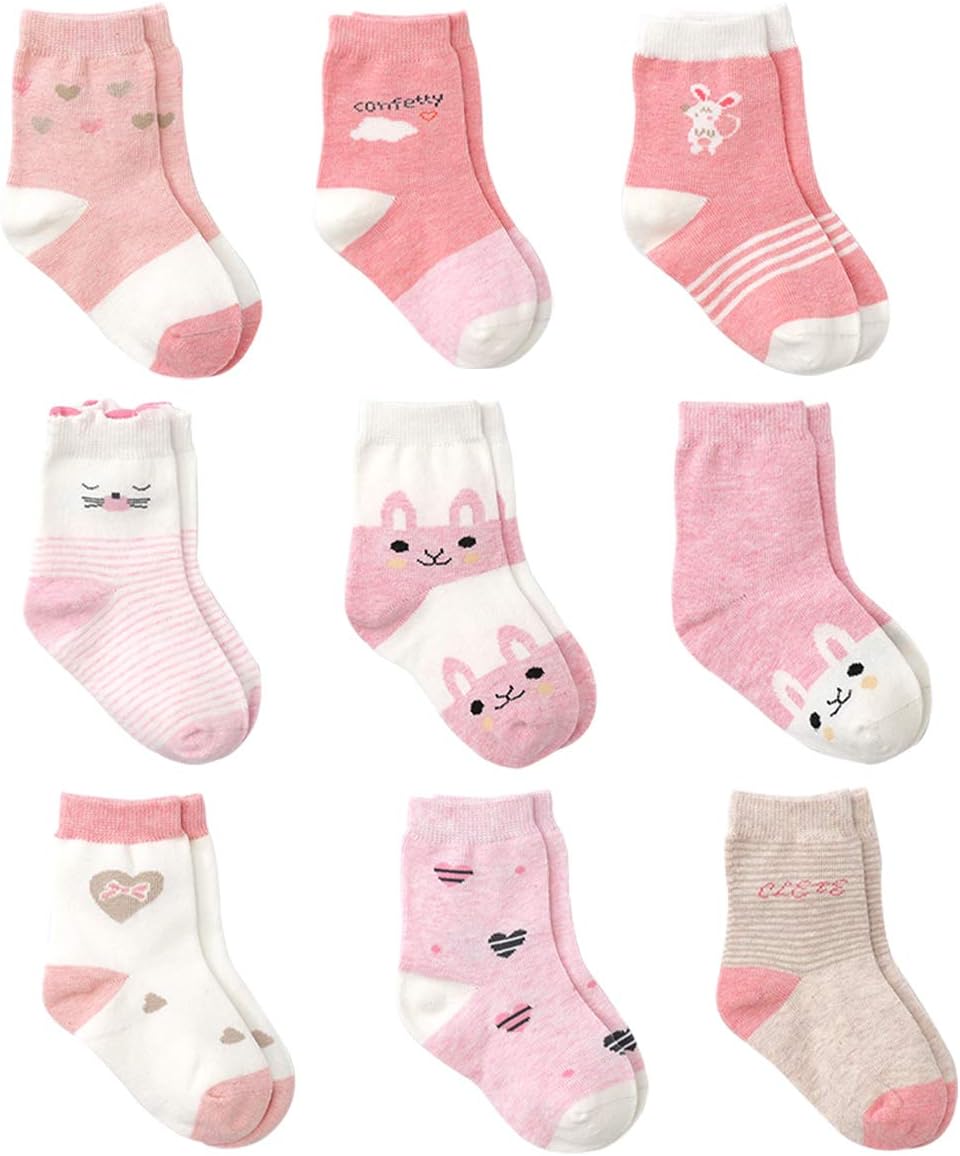 Cotton Coming Pink Cotton Baby Girl Socks, 9 Pairs Cute Socks for Baby Girls