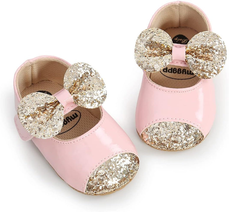 ohsofy Infant Baby Girls Mary Jane Flats Soft Sole Non-Slip Bow Knot Princess Wedding Dress Shoes Toddler Crib Shoes, for 6 Months baby