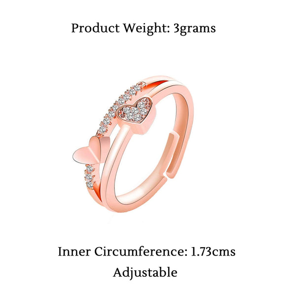 Yellow Chimes Exclusive valentine's Collection Love Sparkling Dual Heart Cubic Zirconia RoseGold Plated Adjustable Rings for Women And Girl's