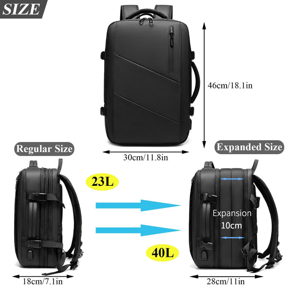 Qiccijoo Travel Backpack for Men Women 40L Flight Approved Carry On Backpack Expandable Large Luggage Backpack 17 Inch Waterproof Laptop Backpack Business School Weekender Overnight Backpack(Black)