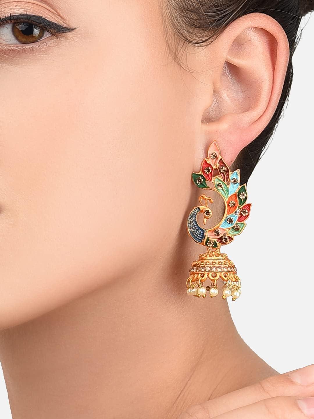 ZAVERI PEARLS Women'S 22K Gold Plated Metal Peacock Design Jhumki Earring (Multicolour, Zpfk8775)