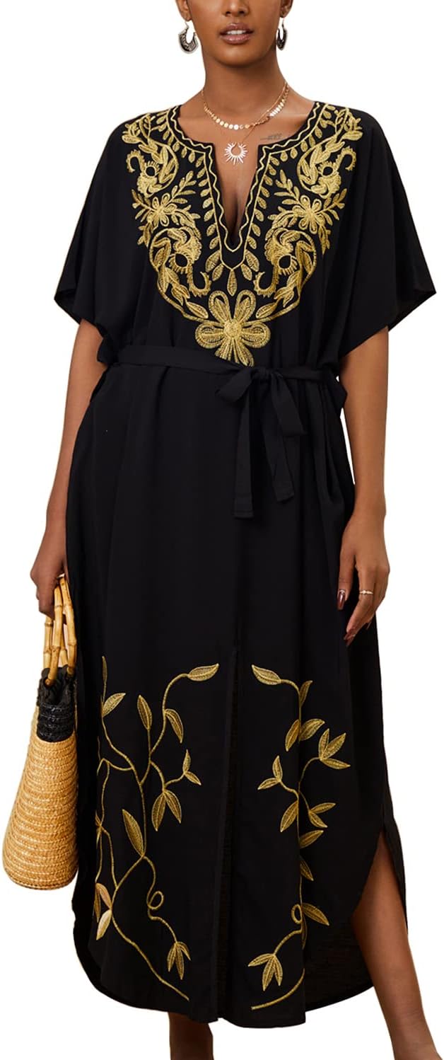 YouKD Embroidered Kaftan Dress Boho Beach Bikini Cover Up Robe Plus Size Loungewear for Women