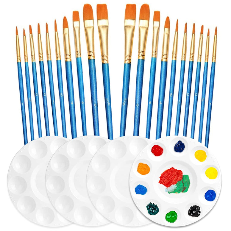Paint Brushes Set,20 Pcs Round Pointed Paintbrushes 4pcs Paint Tray Palettes Artist Acrylic Paint Brush for Acrylic Oil Watercolor Body Face Nail Art Rock Painting,Kids Adult Painting Supplies