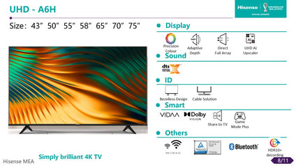 Hisense 70 Inch Tv 4K UHD 4K Smart Tv, With Dolby Vision Hdr, Dts Virtual X, Youtube, Netflix, HDR 10+, Bazelless, Share to TV, Bluetooth & Wifi Black Model 70A61HAAE -1 Year Full Warranty.