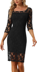 Allegra K Lace Dress for Women's Elegant 3/4 Sleeve Square Neck Bodycon Cocktail Dresses